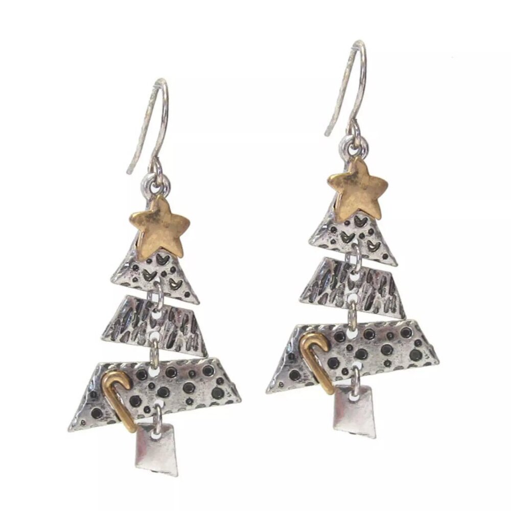 Christmas Tree Dangle Earrings Silver Copper